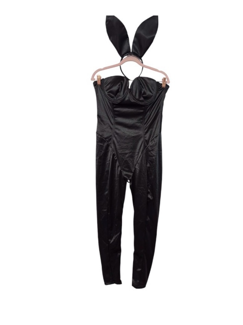 PLAYBOY Black Strapless Bunny Satin Jumpsuit with Accessories Sz L (TXA985) - Picture 3 of 7
